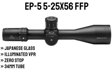 Picture of Arken Optics, EP-5 Riflescope, 5-25x56mm, FFP, Illuminated VPR-6 Reticle, 34mm Tube, .1 Mil Adjustments, Arken Zero Stop